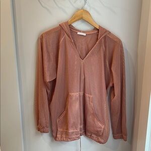 Mesh V-Neck Hoodie in Rust